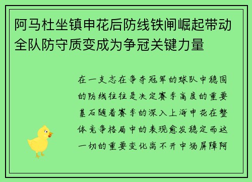 阿马杜坐镇申花后防线铁闸崛起带动全队防守质变成为争冠关键力量